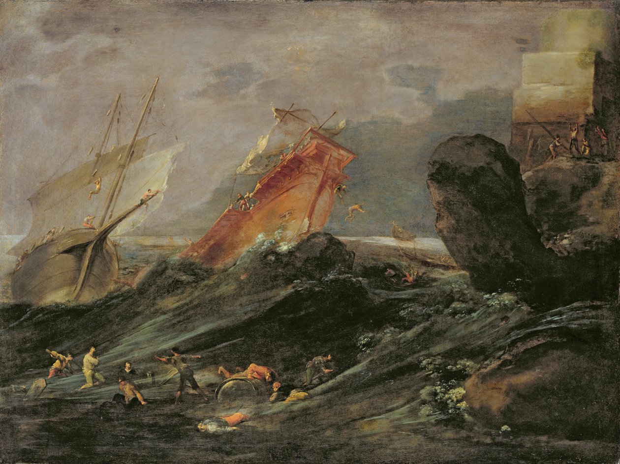 Schipbreuk op een Rotsachtige Kust, c.1645-50 door Leonard Bramer