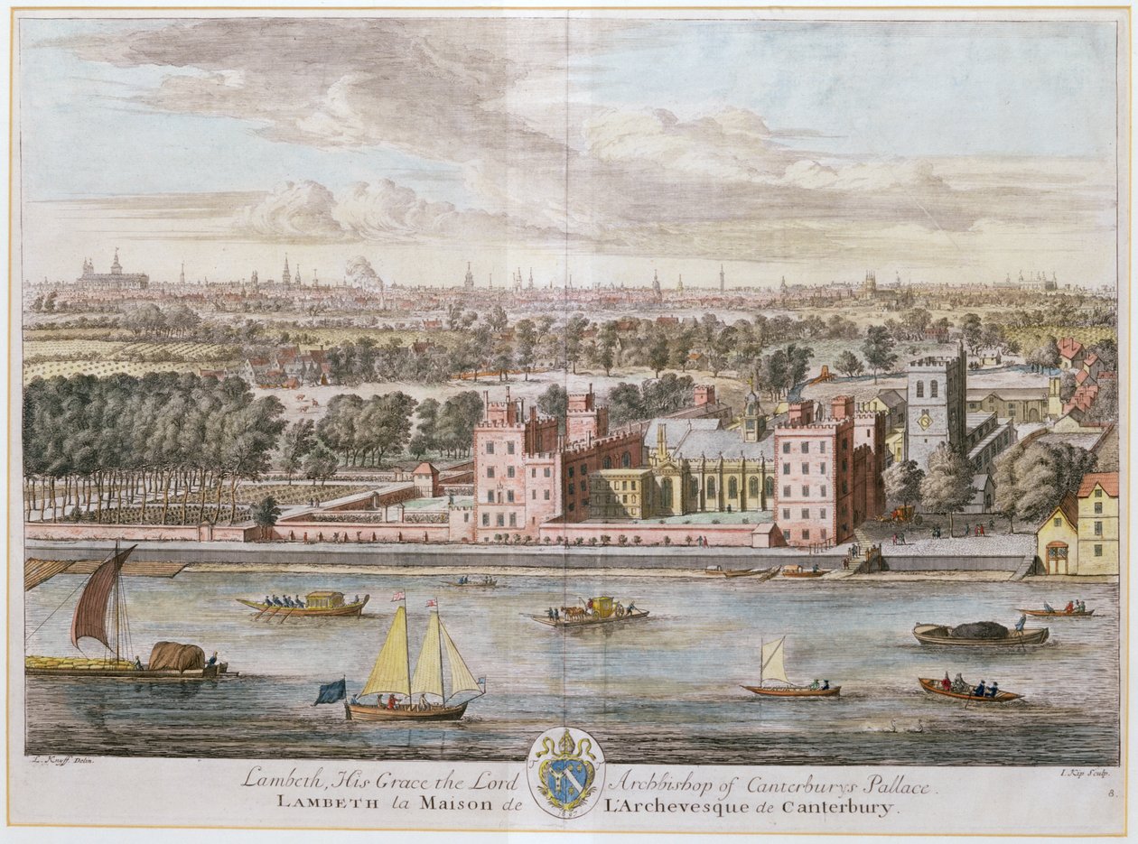 Lambeth Palace, zetel van de Aartsbisschop van Canterbury gegraveerd door Johannes Kip (c.1652-1722) door Leonard Knyff