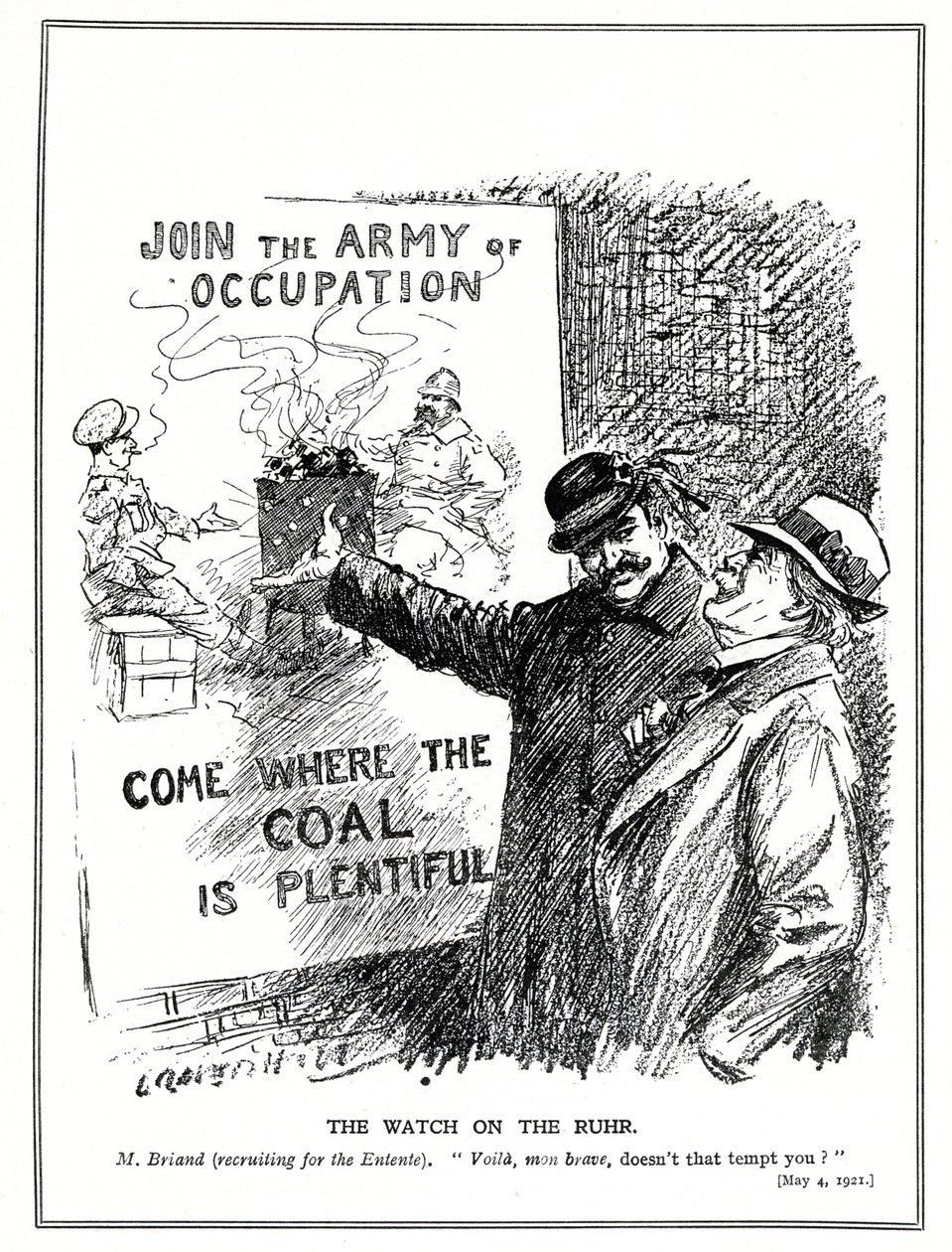 Aristide Briand verleidt Lloyd George met de Kolenmijnen van het Ruhrgebied, Duitsland, mei 1921 door Leonard Raven Hill