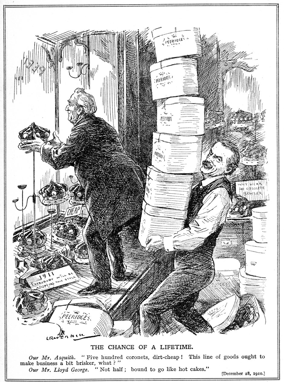 Asquith en Lloyd George bereiden zich voor om 500 extra edelen te creëren om de oppositie van het Hogerhuis tegen hervorming te overwinnen, 1910 door Leonard Raven Hill