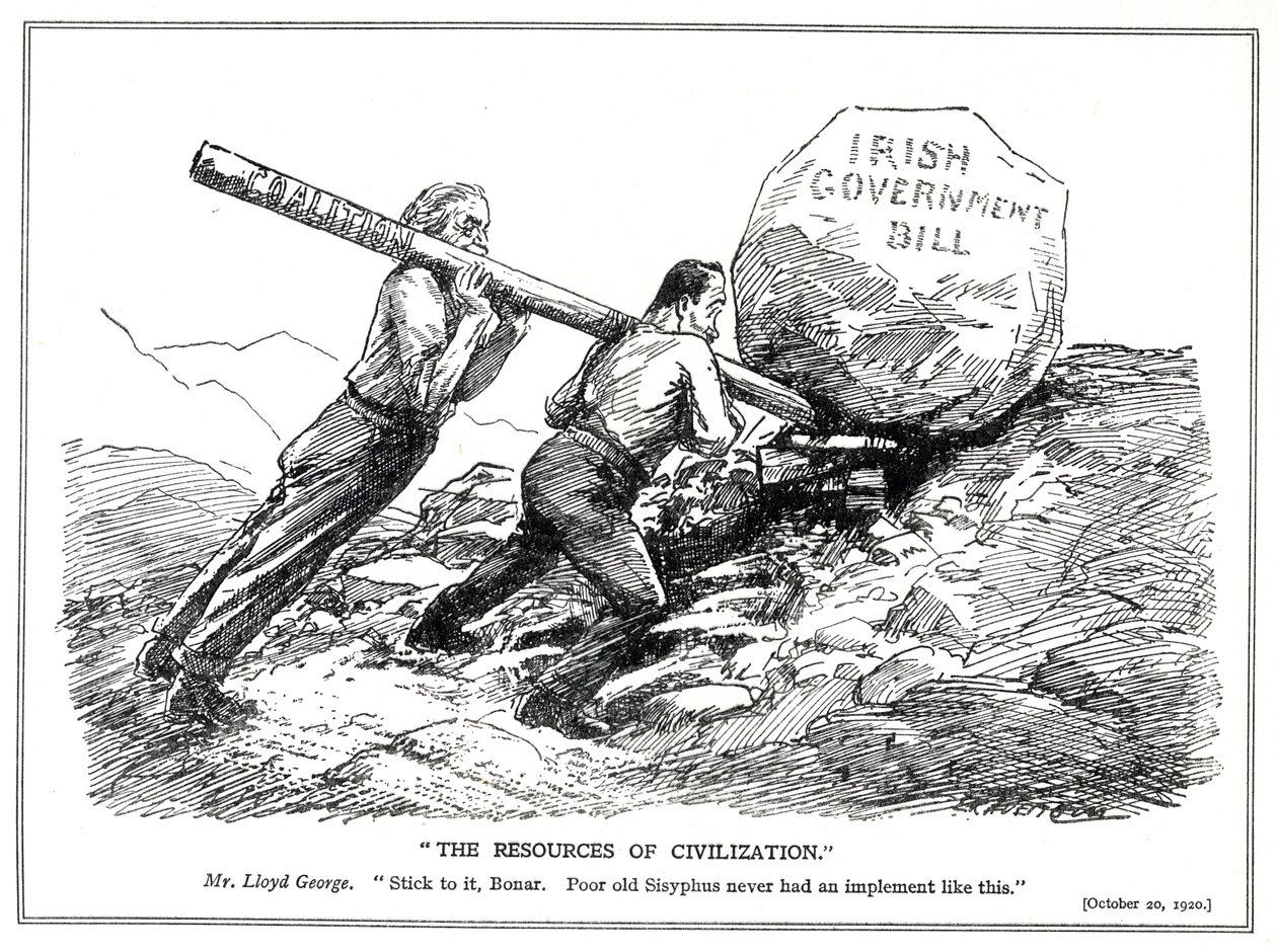 Lloyd George en Bonar Law proberen de Ierse kwestie op te lossen met behulp van de Coalitieregering hefboom, oktober 1920 door Leonard Raven Hill