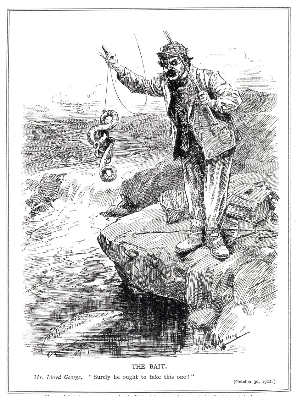 Lloyd George probeert de medische professie te winnen voor goedkeuring van zijn National Insurance Act, 1912 door Leonard Raven Hill