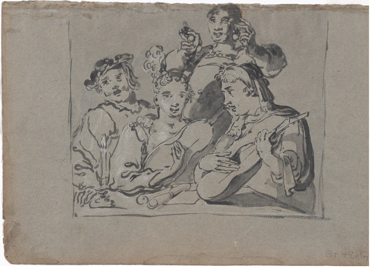 Een Kwartet van Zangers, Luitspelers en Klokkenluiders die in een Herberg bij Kaarslicht Spelen, 1620-1628 door Leonard Bramer