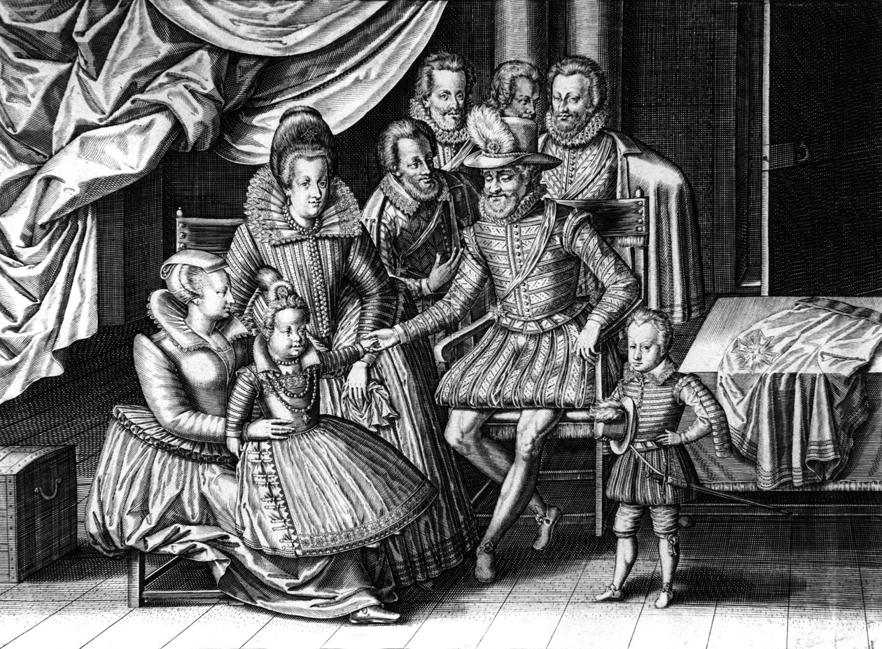 Franse koning Henri IV met zijn vrouw Marie de Medicis en 2 van hun kinderen: de toekomstige Louis XIII en Elizabeth, gravure door Leonard Gaultier en Le Clerc, ca. 1605 door Leonard Gaultier