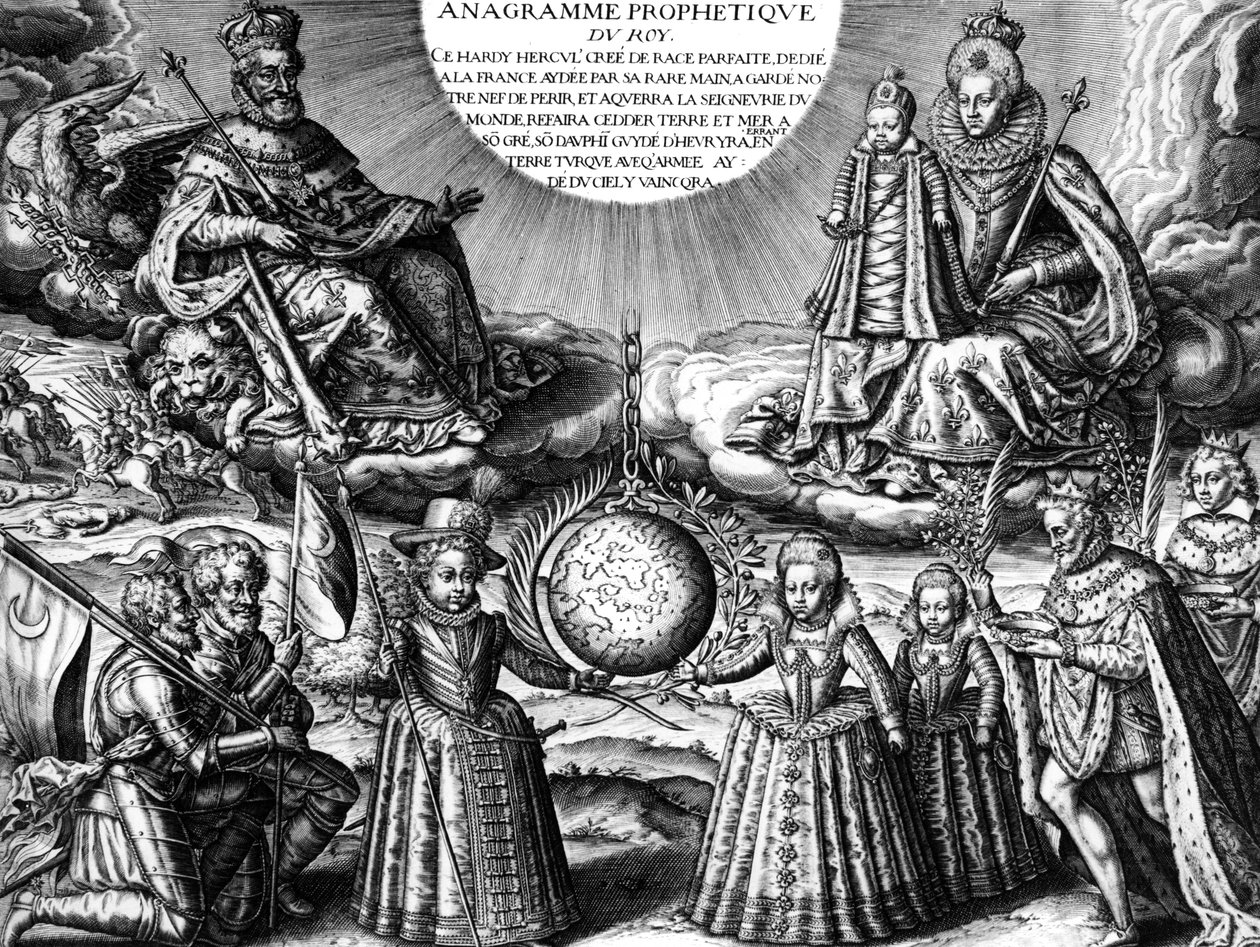 Franse koninklijke familie in 1607 (propaganda): Franse koning Henri IV en zijn vrouw koningin Marie de Medicis met hun dochter Christine; onder: hun andere kinderen: de toekomstige Louis XIII, Elisabeth en Henriette-Marie. Rechts: de koning gevolgd door z door Leonard Gaultier