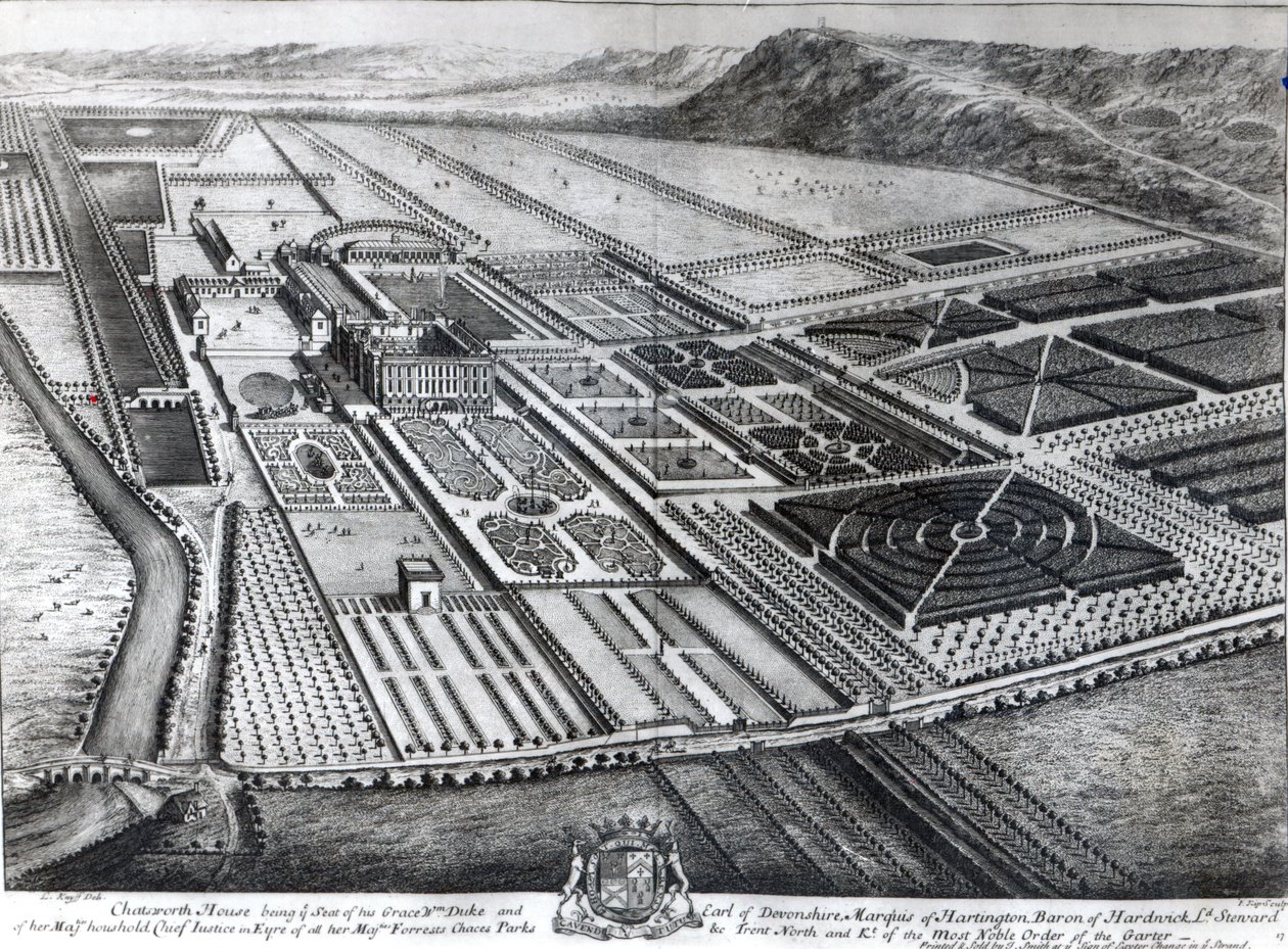 Chatsworth House, gegraveerd door Johannes Kip door Leonard Knyff