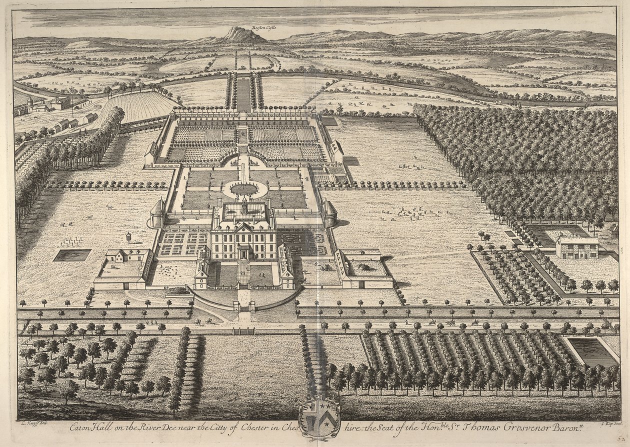 Eaton Hall aan de rivier de Dee nabij de stad Chester in Cheshire, de zetel van de Eerwaarde Sir Thomas Grosvenor door Leonard Knyff