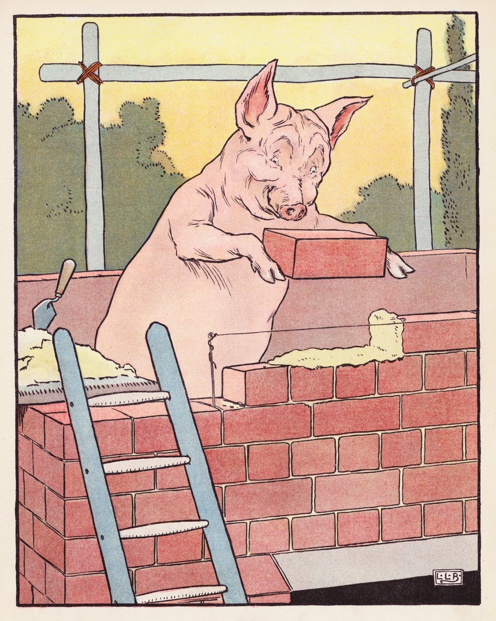 De drie biggetjes (kleurenlitho) door Leonard Leslie Brooke