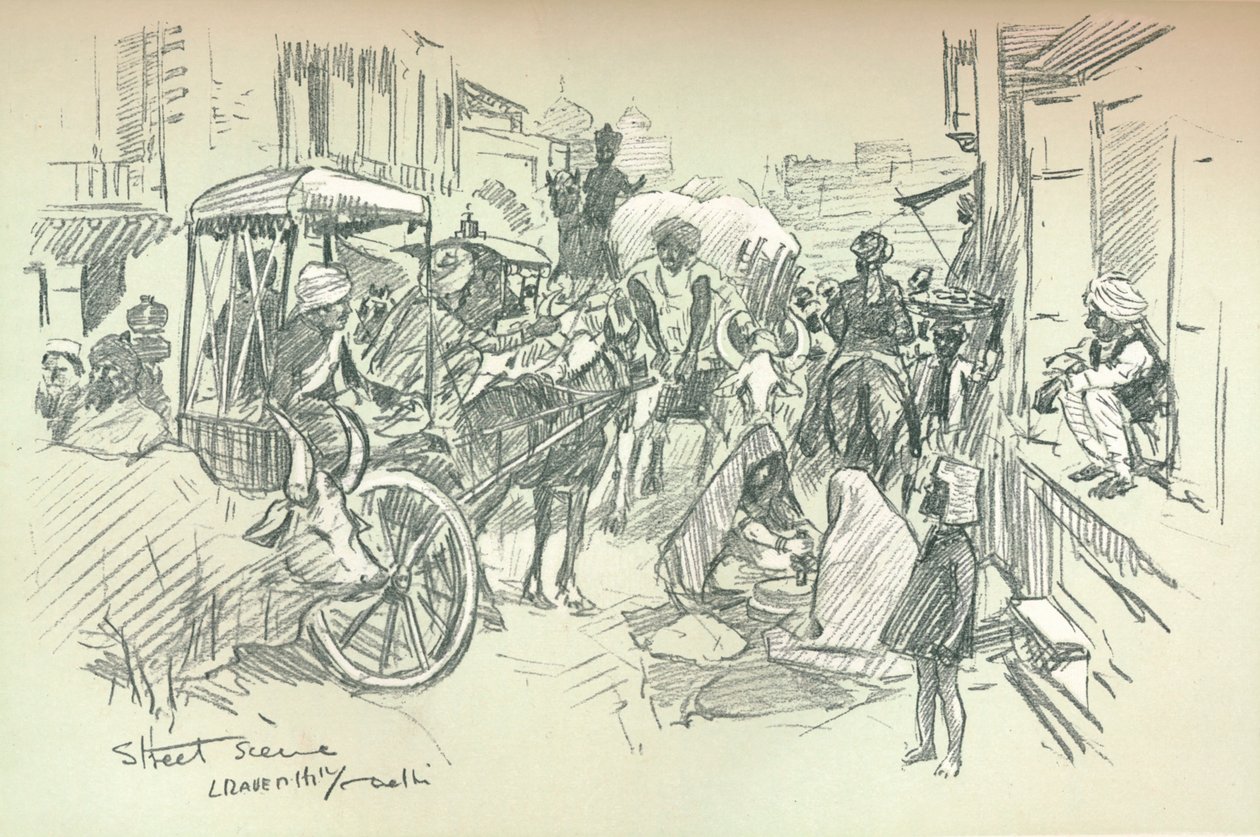 Een straattafereel in Delhi, ca. 1903 door Leonard Raven Hill