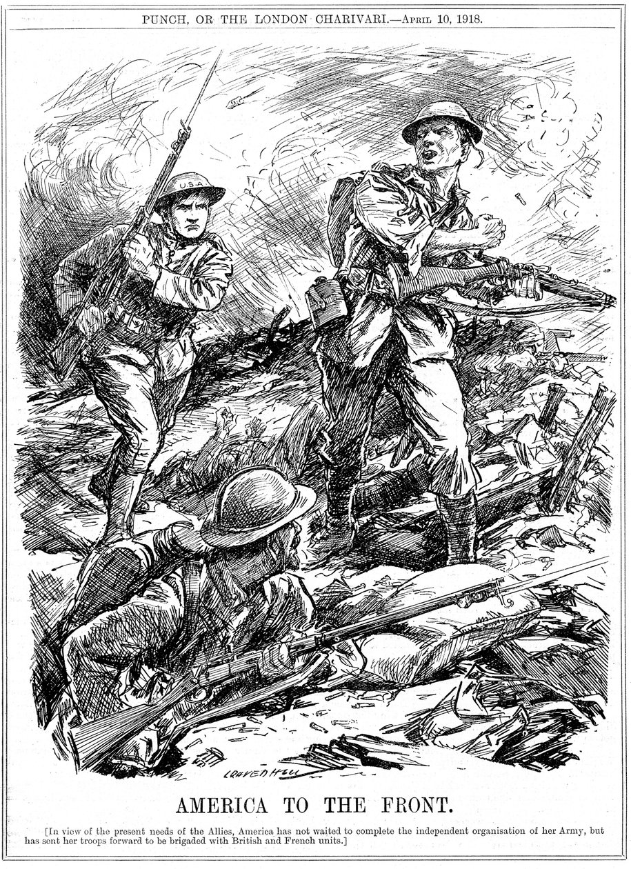 Amerikaanse versterkingen om de geallieerde troepen te helpen voordat het hoofdleger van de VS arriveerde, Eerste Wereldoorlog, 1918 door Leonard Raven Hill