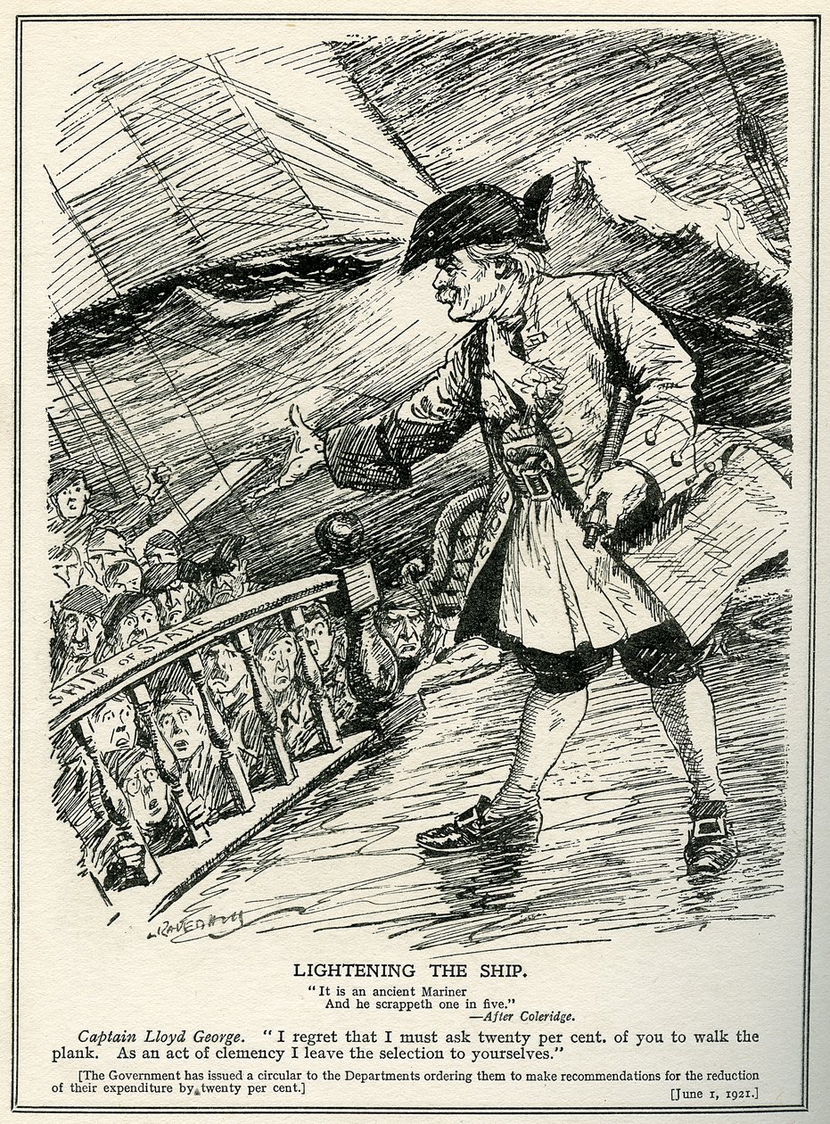 Overheidsdepartementen krijgen instructies van Lloyd George om de uitgaven met twintig procent te verminderen, 1921 door Leonard Raven Hill