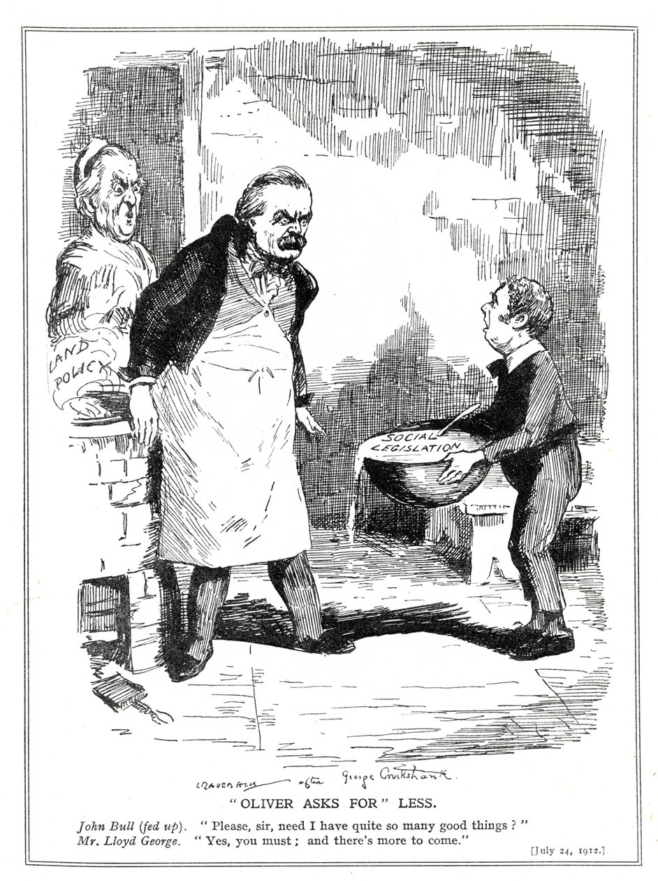 John Bull klaagt bij Lloyd George dat er te veel hervormingen zijn in zijn sociale wetgeving en landbeleidshervormingen, 1912 door Leonard Raven Hill