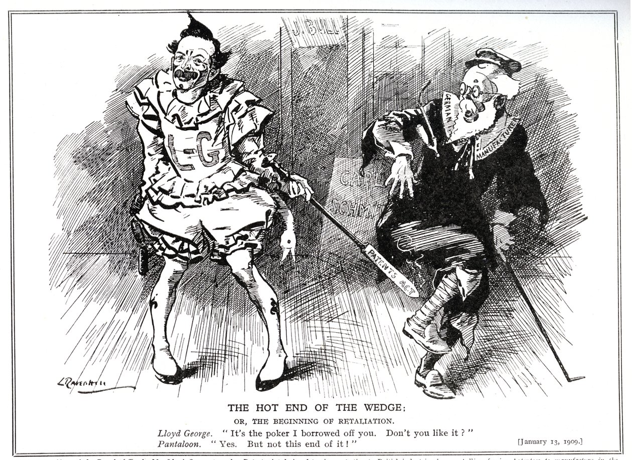 Lloyd George, als voorzitter van de Raad van Handel, beschermt de Britse industrie tegen Duitse concurrentie door de 
