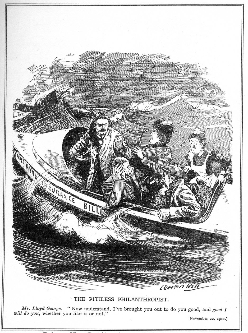Lloyd George, afgebeeld als een reddingsbootschipper, wordt geconfronteerd met oppositie tegen zijn National Insurance Act, 1911 door Leonard Raven Hill
