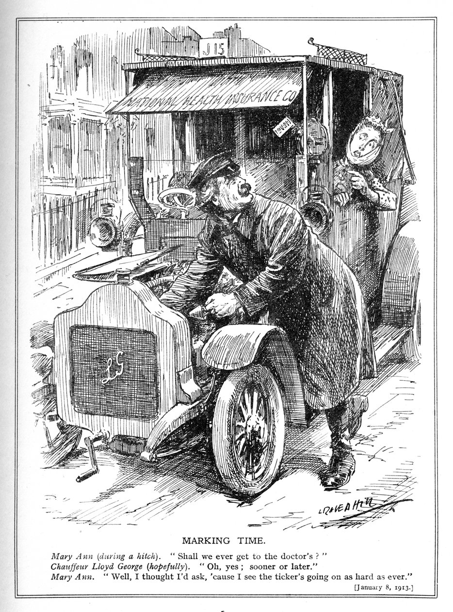Lloyd George wordt vertraagd bij het brengen van een patiënt naar de dokter onder zijn National Health Insurance Act, 1913 door Leonard Raven Hill