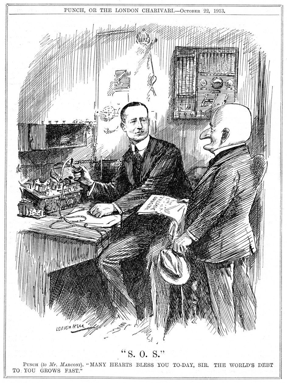 Mr Punch bedankt Marconi voor draadloze telegrafie die levens op zee redde, 1913 door Leonard Raven Hill