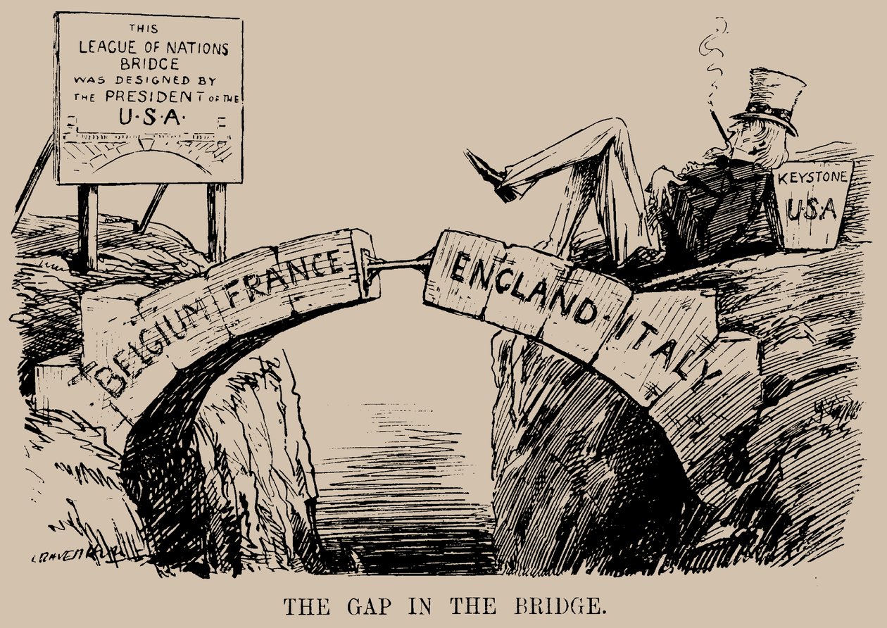 De kloof in de brug. Cartoon over de afwezigheid van de VS in de Volkenbond, dec 1919 door Leonard Raven Hill