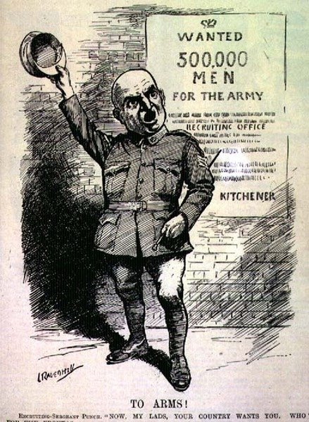 Te wapen! Rekruteringssergeant Punch; "Nu, jongens, je land heeft je nodig. Wie gaat er naar het front?" uit 