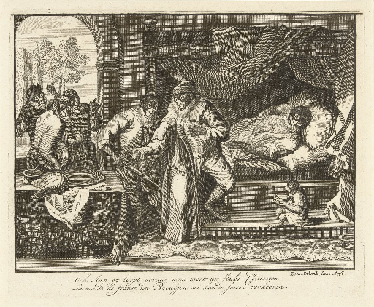 Aap op zijn ziekbed door Leonard Schenk (possibly)
