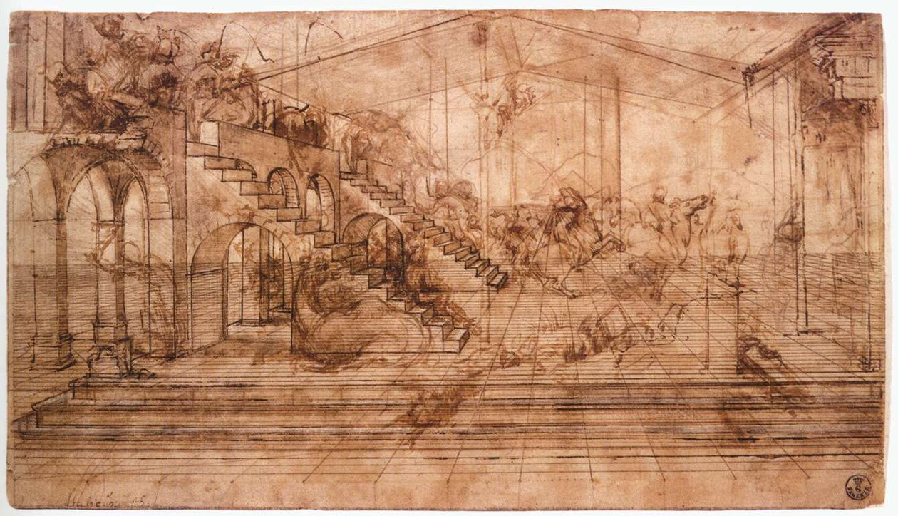 Perspectivische studie van de Aanbidding der Wijzen door Leonardo da Vinci