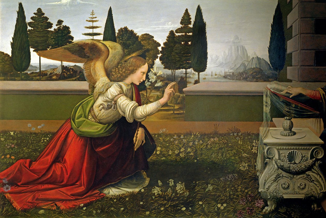 Aartsengel Gabriël, uit de Annunciatie, 1472-75 (detail) (na restauratie) door Leonardo da Vinci