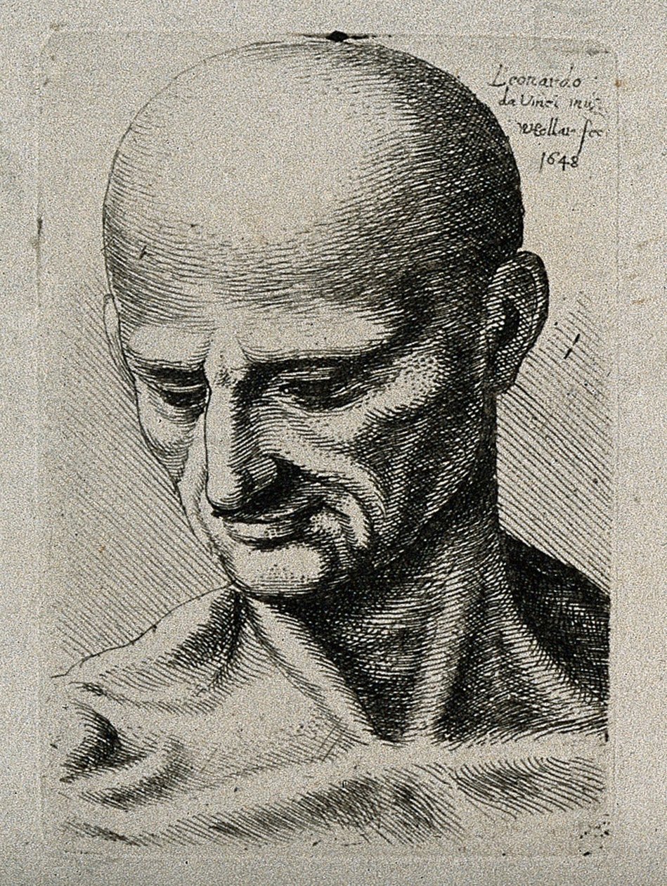 Borstbeeld van een magere man, kijkend naar zijn rechterbenedenhoek door Leonardo da Vinci