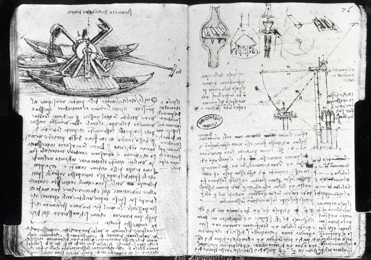 Ontwerp voor een baggermachine en diverse hydraulische machines, fol. 75v en 76r uit Parijs Manuscript E, 1513-14 door Leonardo da Vinci