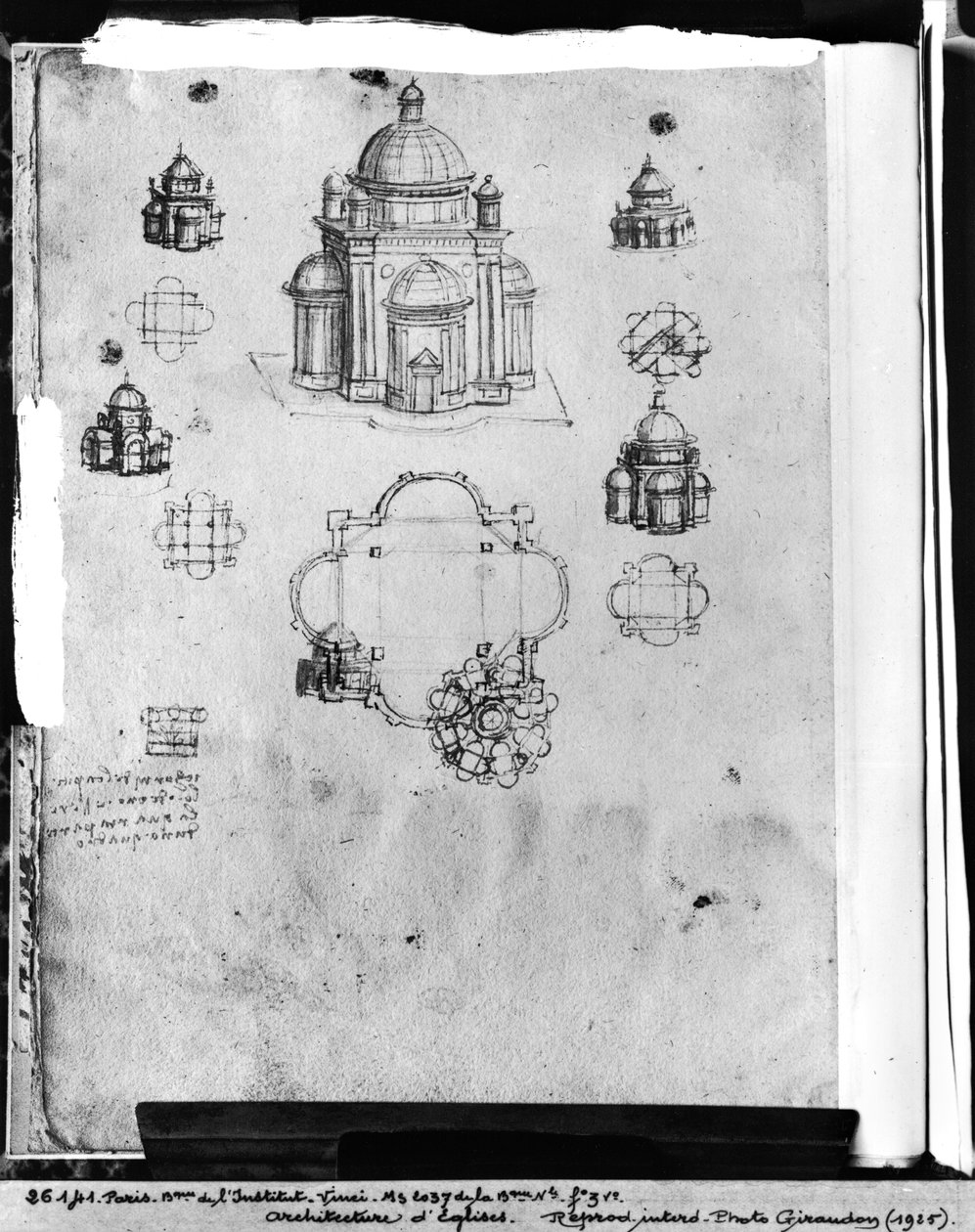 Ontwerpen voor een centraal geplande kerk, fol. 3v uit Codex Ashburnham I en II (voorheen deel van Manuscript B (2184)), c.1492 door Leonardo da Vinci