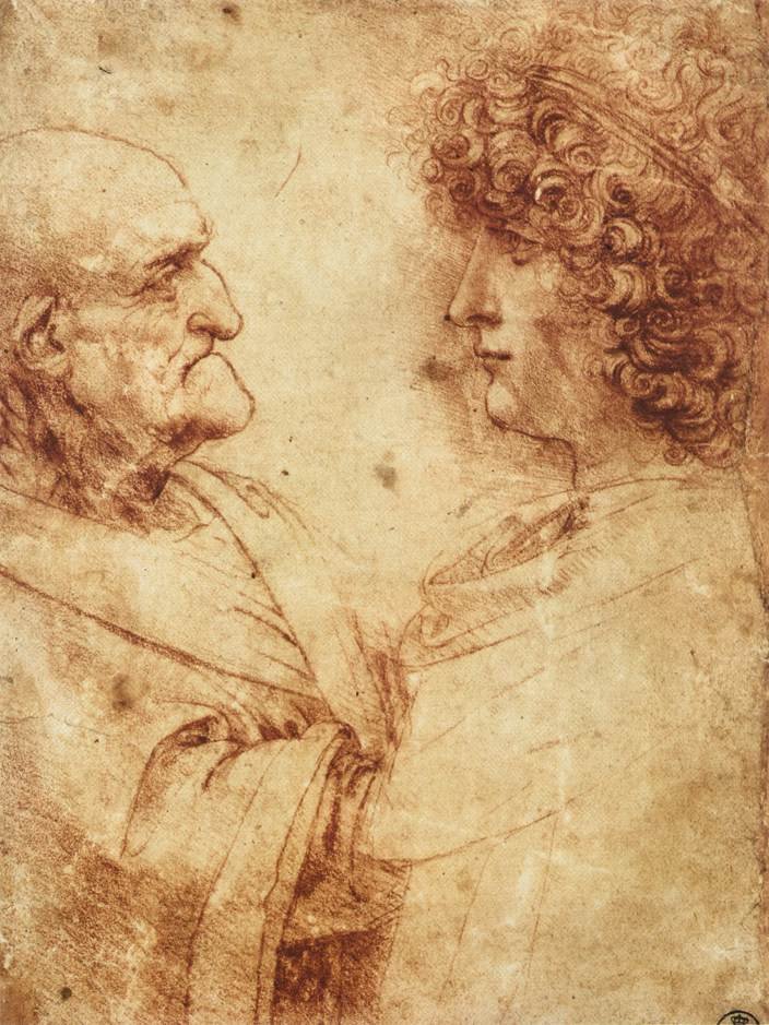 Hoofden van een oude man en een jongeling door Leonardo da Vinci