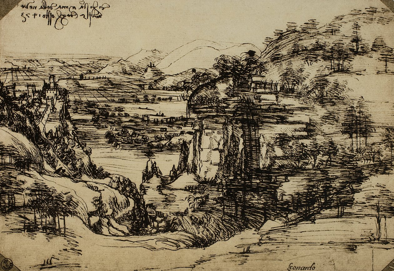 Landschap van de Arno-vallei door Leonardo da Vinci