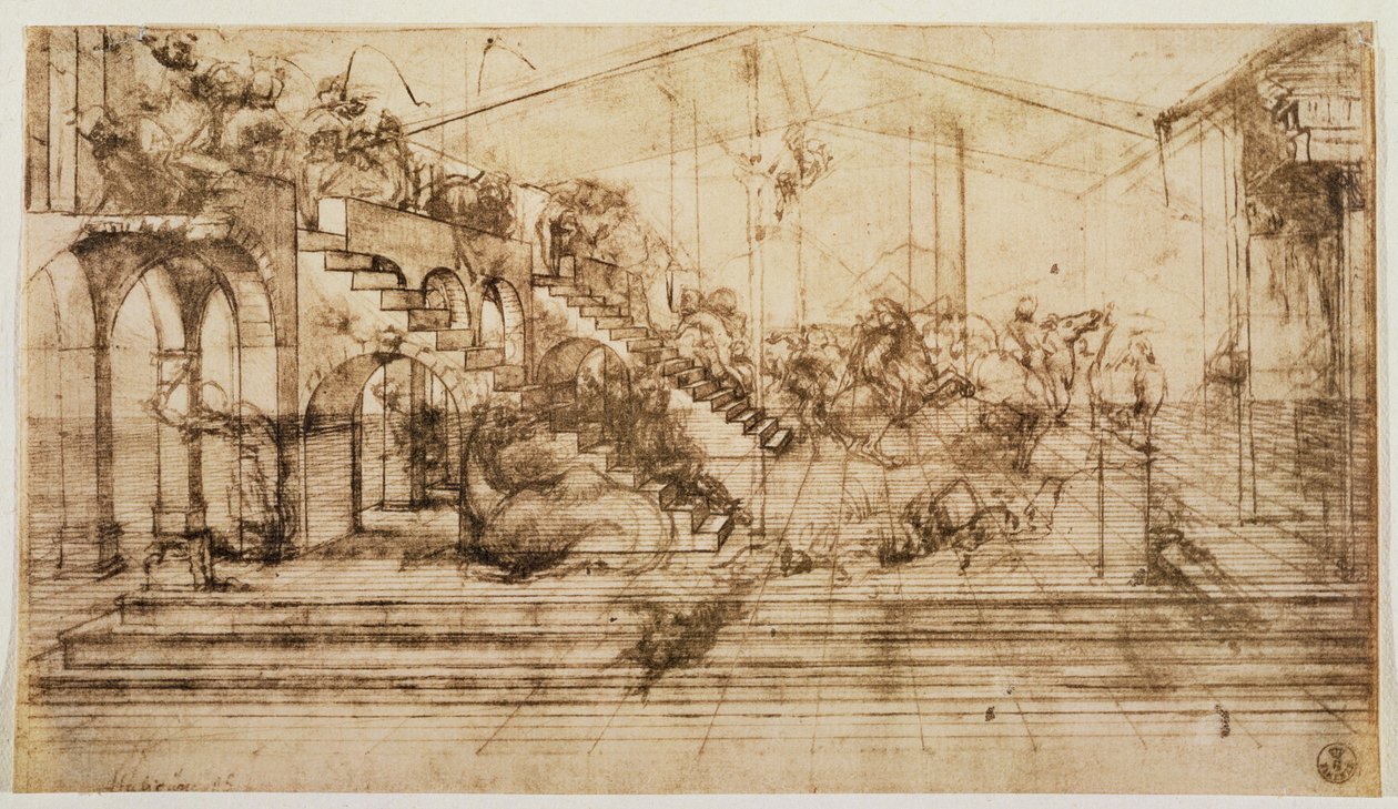 Perspectiefstudie voor de achtergrond van De aanbidding der wijzen door Leonardo da Vinci