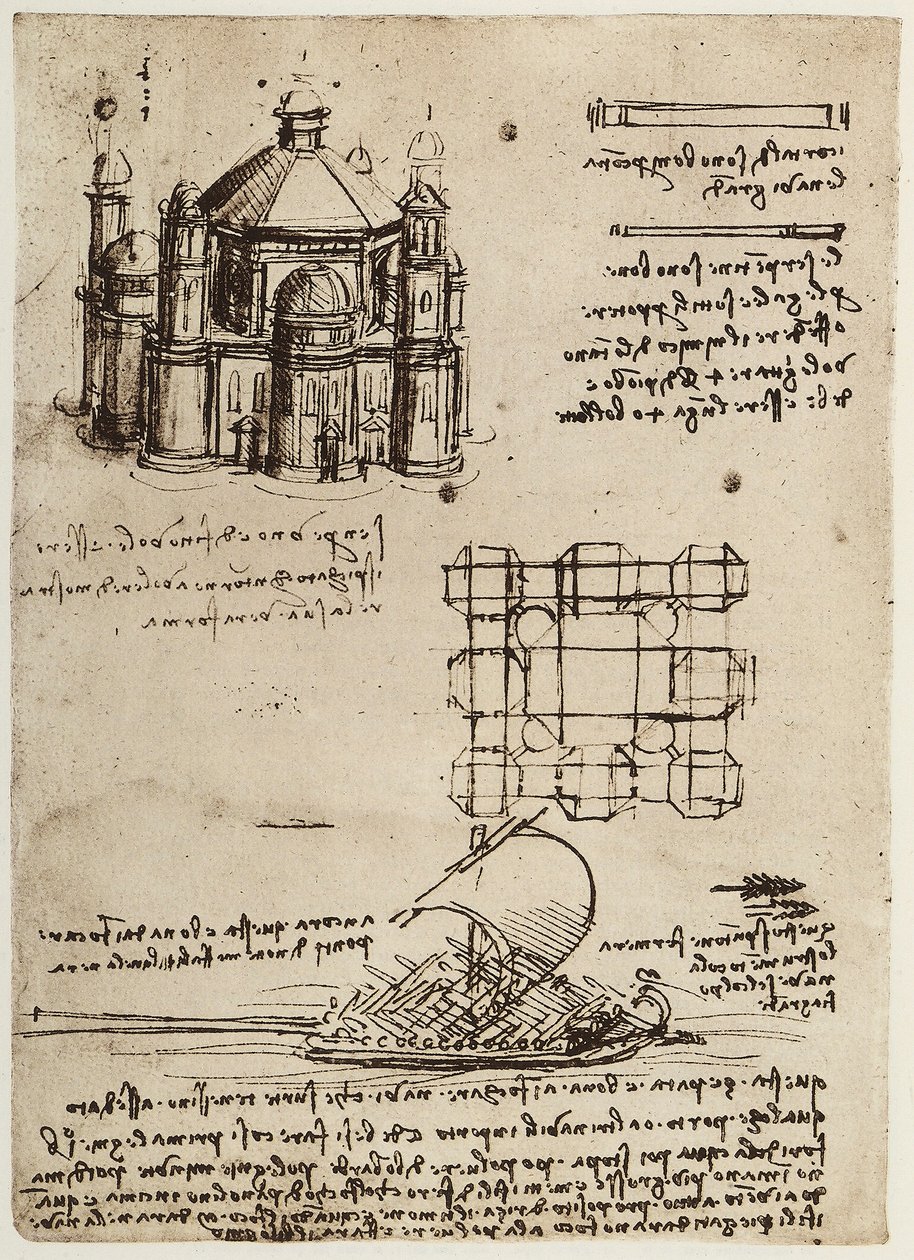 Project voor een kerk gebouwd op een centrale as en een boot met roeispanen en zeilen door Leonardo da Vinci