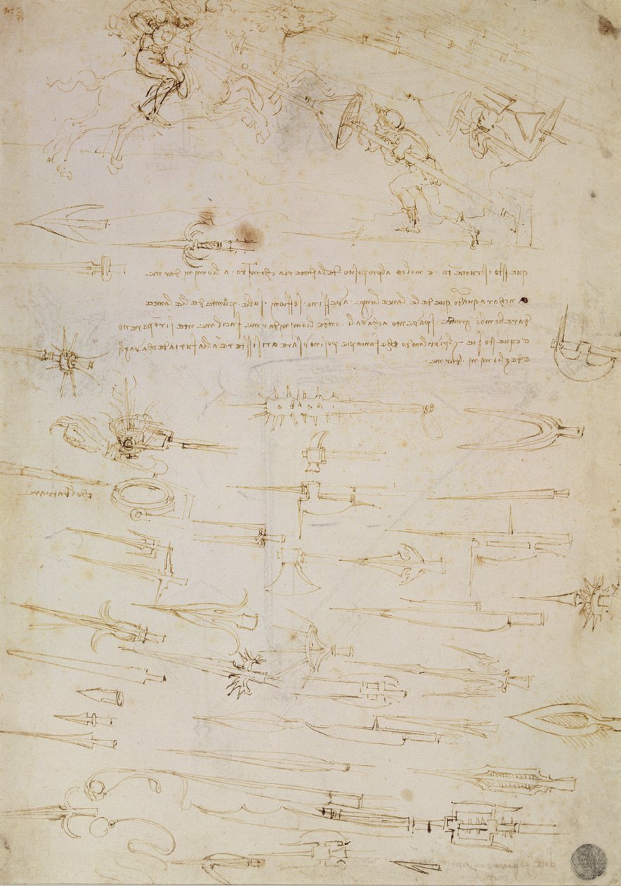 Blad met studies van voetsoldaten en ruiters in gevecht, en hellebaarden, 1485-1488 door Leonardo da Vinci