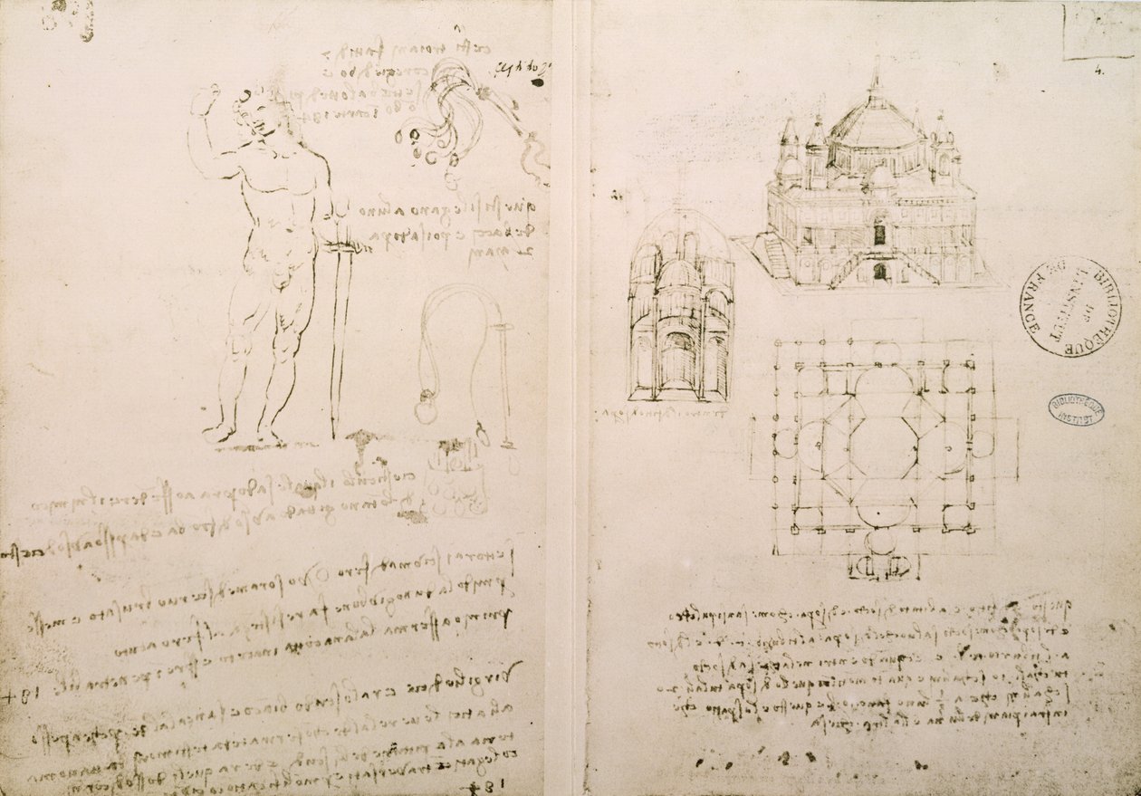 Schets van een kerk vergelijkbaar met St. Sepolcro in Milaan, fol. 4r uit Codex Ashburnham I en II (voorheen deel van Ms B (2184) en Ms A), ca. 1492 door Leonardo da Vinci