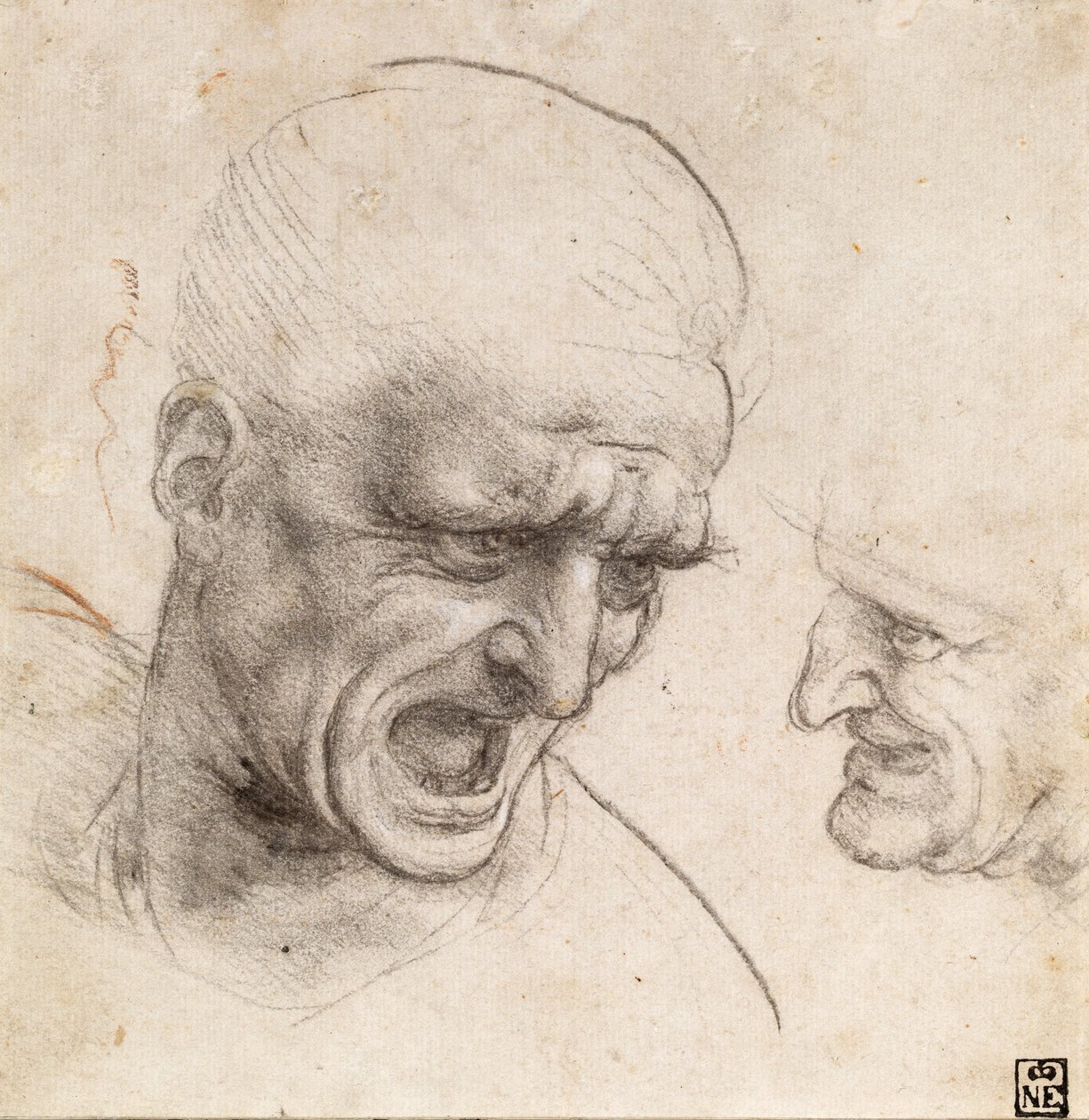 Studie van twee krijgershoofden voor de Slag bij Anghiari door Leonardo da Vinci