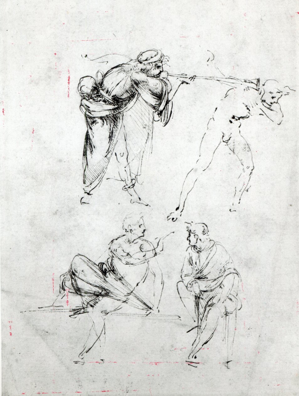 Studie van een man die een trompet in het oor van een ander blaast, en twee figuren in gesprek, c.1480-82 door Leonardo da Vinci