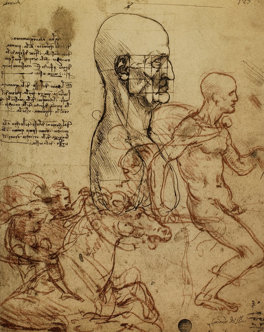 Studie van menselijke fysiognomie en ruiters voor het schilderij van de Slag bij Anghiari; tekening door Leonardo da Vinci door Leonardo da Vinci