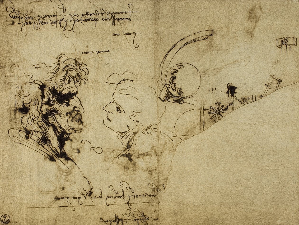 Studie van verschillende figuren en een oud mans hoofd; tekening door Leonardo da Vinci. Gabinetto dei Disegni e delle Stampe, Uffizi Gallery, Florence door Leonardo da Vinci
