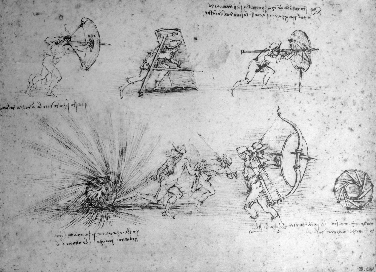 Studie met Schilden voor Voetsoldaten en een Ontploffende Bom, c.1485-88 door Leonardo da Vinci