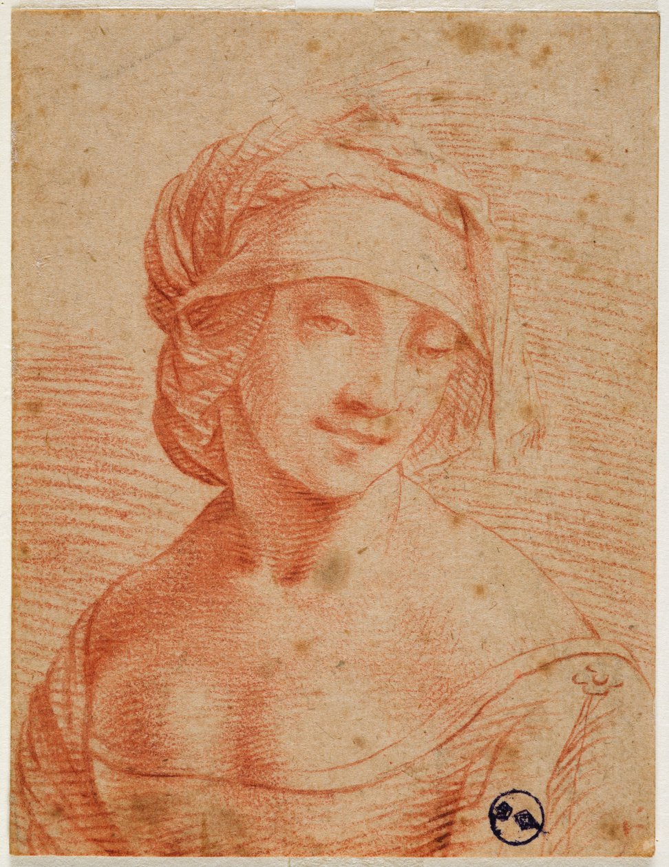 Buste van een jonge vrouw met een muts door Leonardo da follower of Vinci
