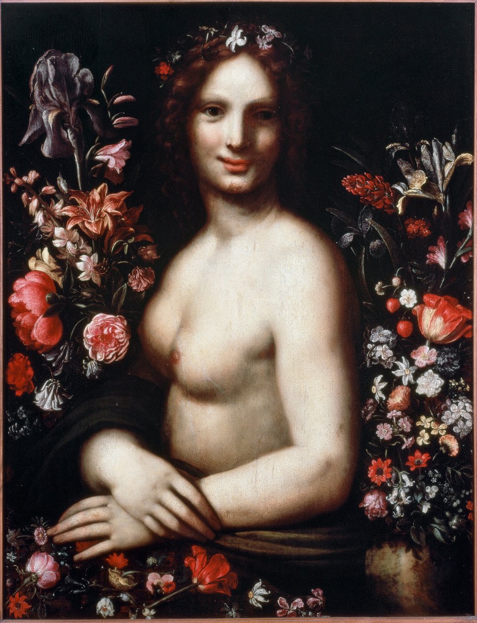 Buste van een jonge vrouw genaamd Flora (Flora) tussen de bloemen door Leonardo da (after) Vinci