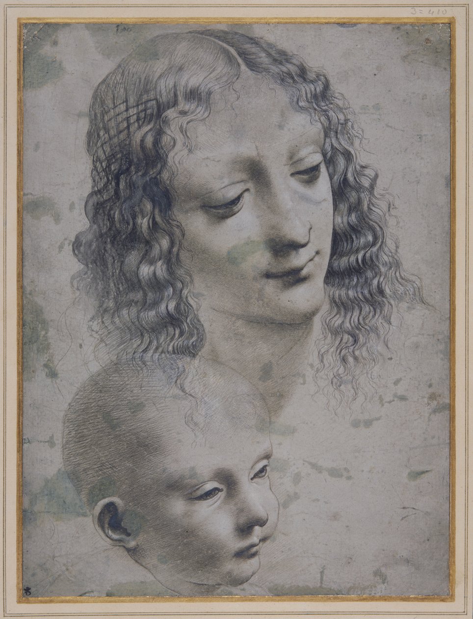 Het hoofd van een vrouw en het hoofd van een baby door Leonardo da (follower of) Vinci