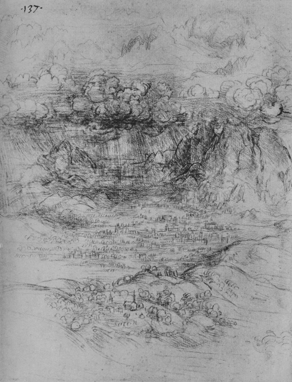 Een storm over een alpendal door Leonardo da Vinci