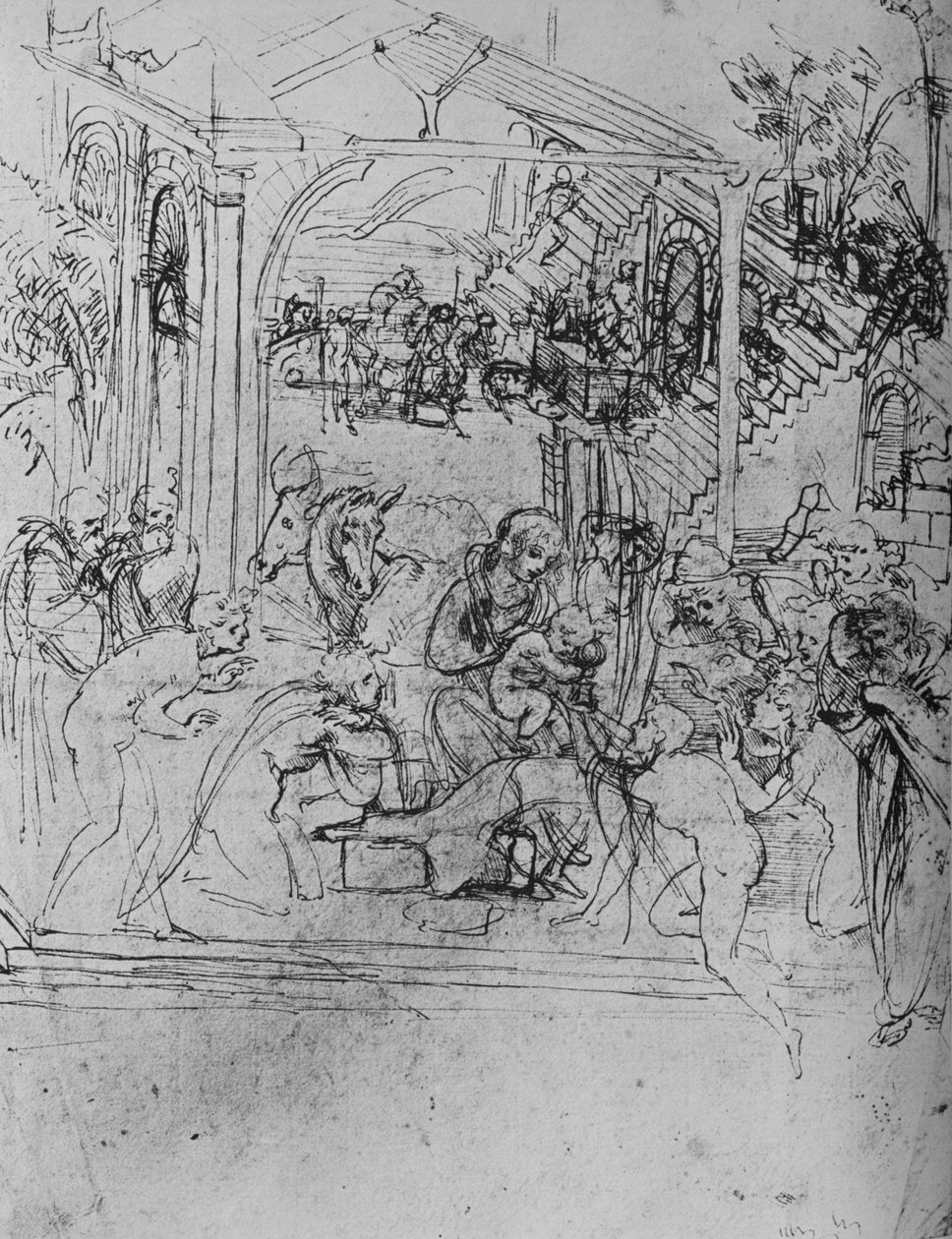Aanbidding van de Koningen: Compositieschets, 1478-1481 1945 door Leonardo da Vinci