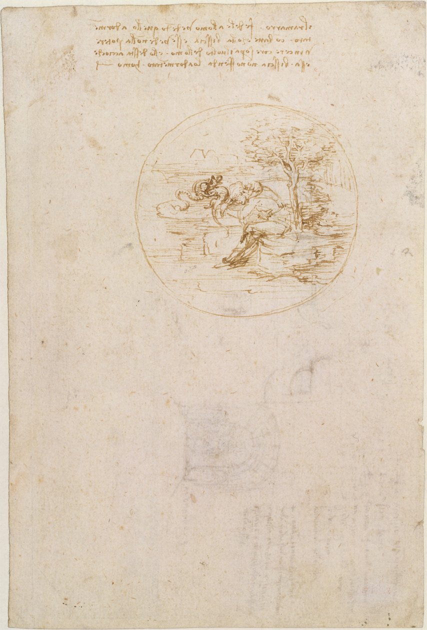 Allegorie over de trouw van de hagedis (voorkant); Ontwerp voor een toneeldecor (achterkant) door Leonardo da Vinci