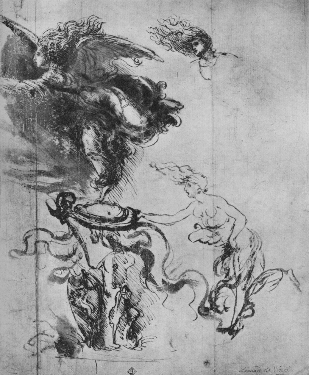 Een engel die een schild op een trofee plaatst en aparte studies van de engel, ca. 1480, 1945 door Leonardo da Vinci