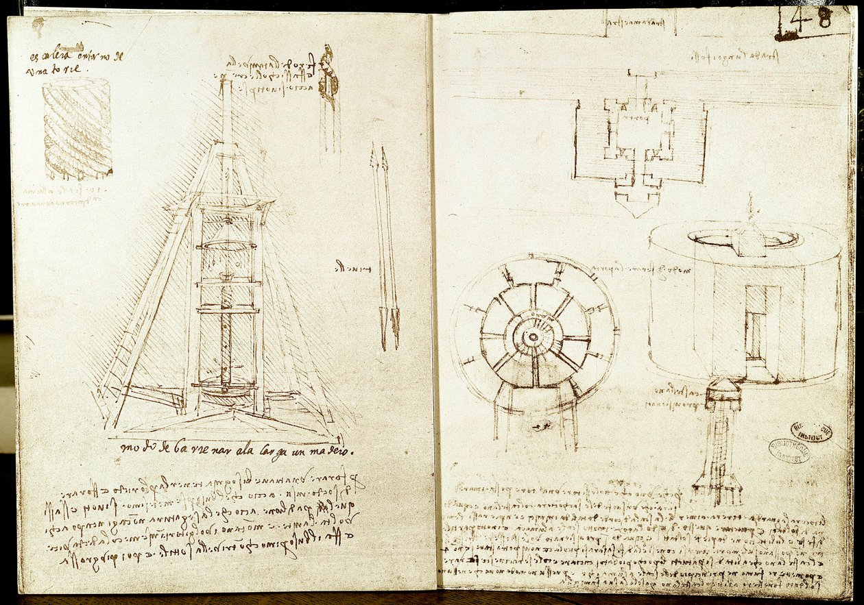 Architectuur en militaire kunst: linkerpagina: slak. Slaktrap rond een toren. Boren van een balk. Rechterpagina: ingang van een versterkte stad. Plan en elevatie van een ronde toren versterkt aan zee. Manuscript door Leonardo da Vinci (1452-1519) door Leonardo da Vinci