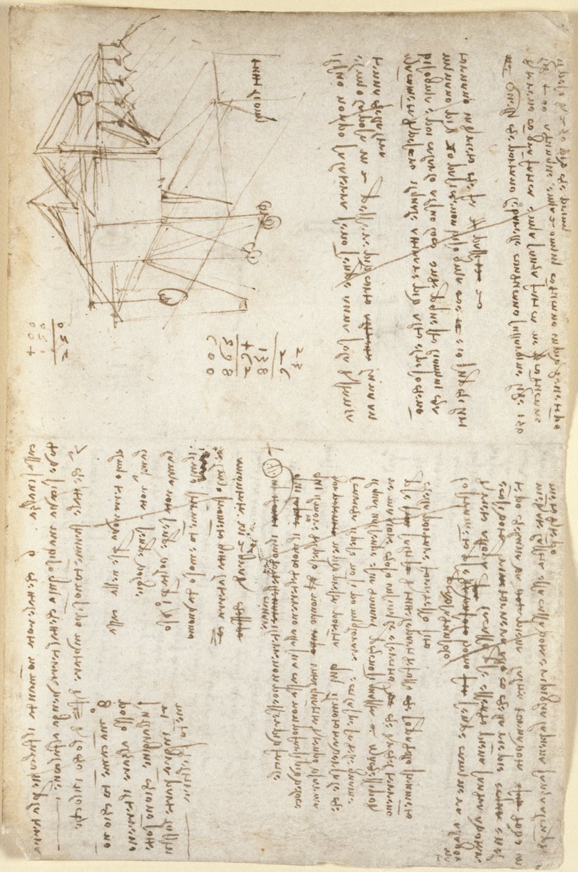 Notities en schematische schets van een mechanische graafmachine in perspectief (zijaanzicht), c.1503-5 door Leonardo da Vinci