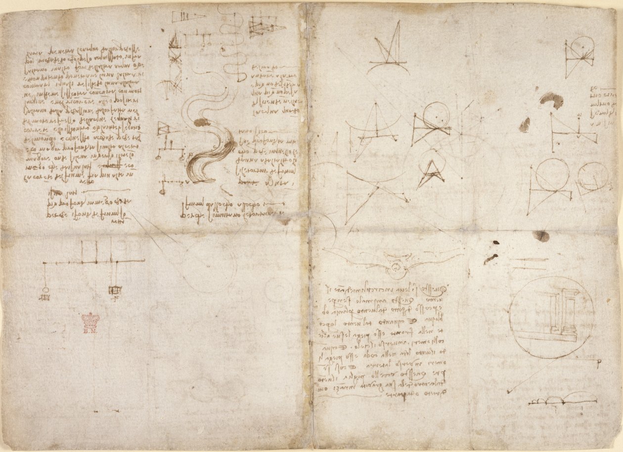 Notities en diagrammen over mechanica; notities en schematische schetsen over rivierlopen en waterstromen, uit 