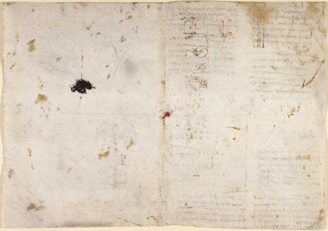 Tekeningen over de mechanische krachten en krachten, percussie, zwaartekracht, beweging, optica en astronomie, met verschillende rekenkundige en geometrische stellingen door Leonardo da Vinci